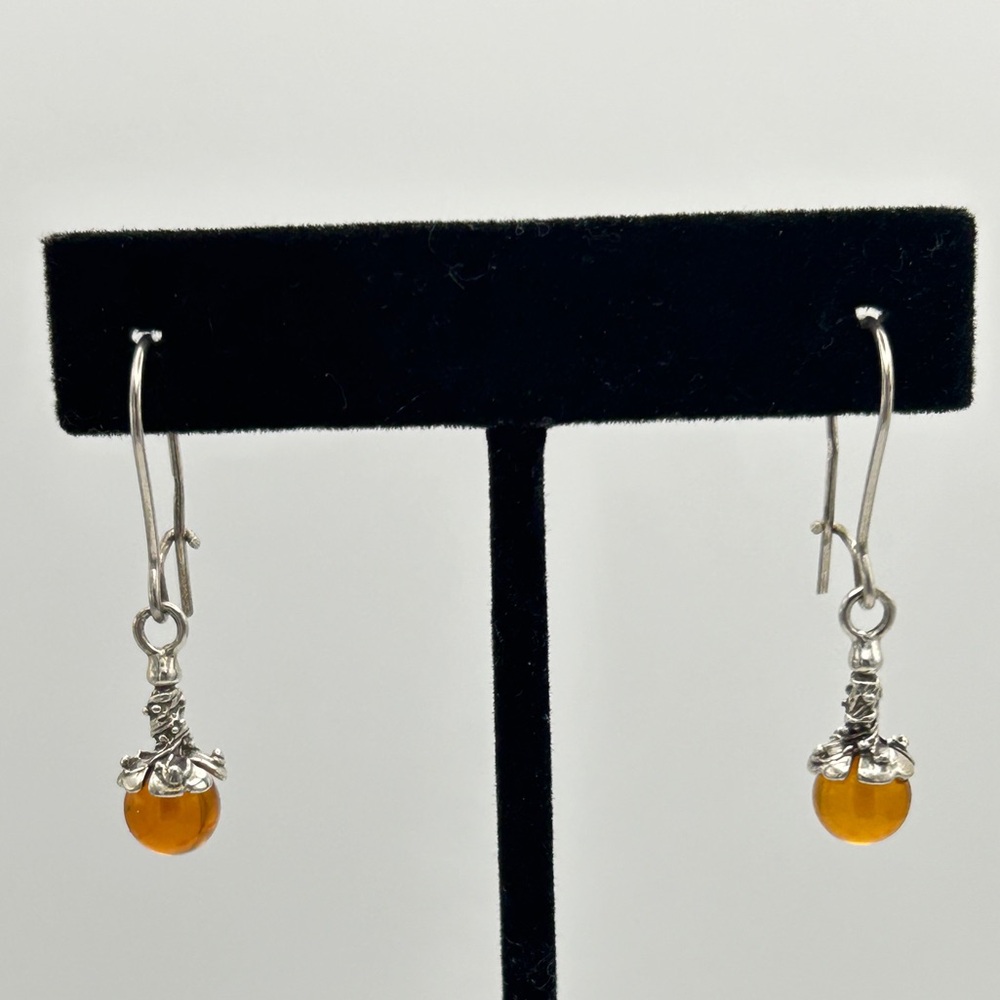 Sterling Silver Amber Drop Earrings - Orange Bead Dangle